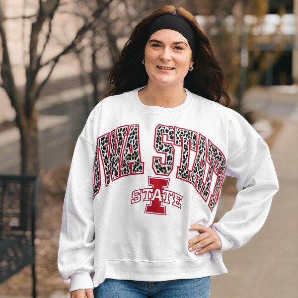 Pressbox Women's Iowa State Animal Print White Oversized Crewneck